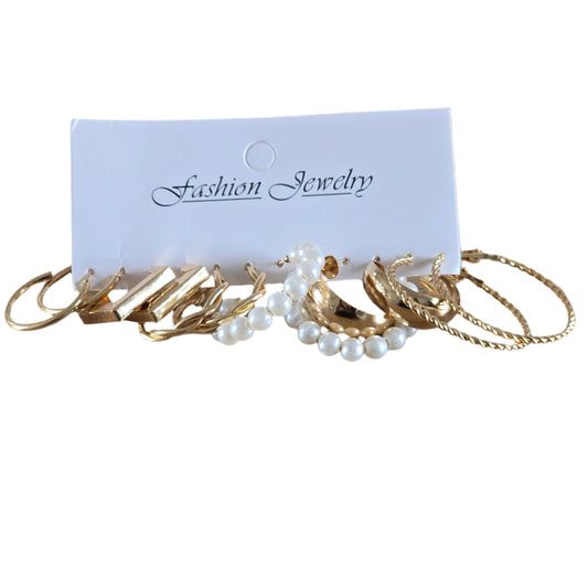 6 Pair Elegant Gold & Pearl Set