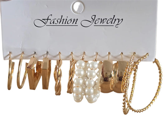 6 Pair Elegant Gold & Pearl Set