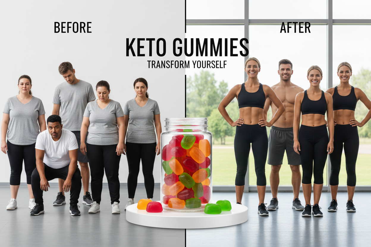 make a picture with 1   keto showing men and women fat turn to slim after using keto gummies rbh